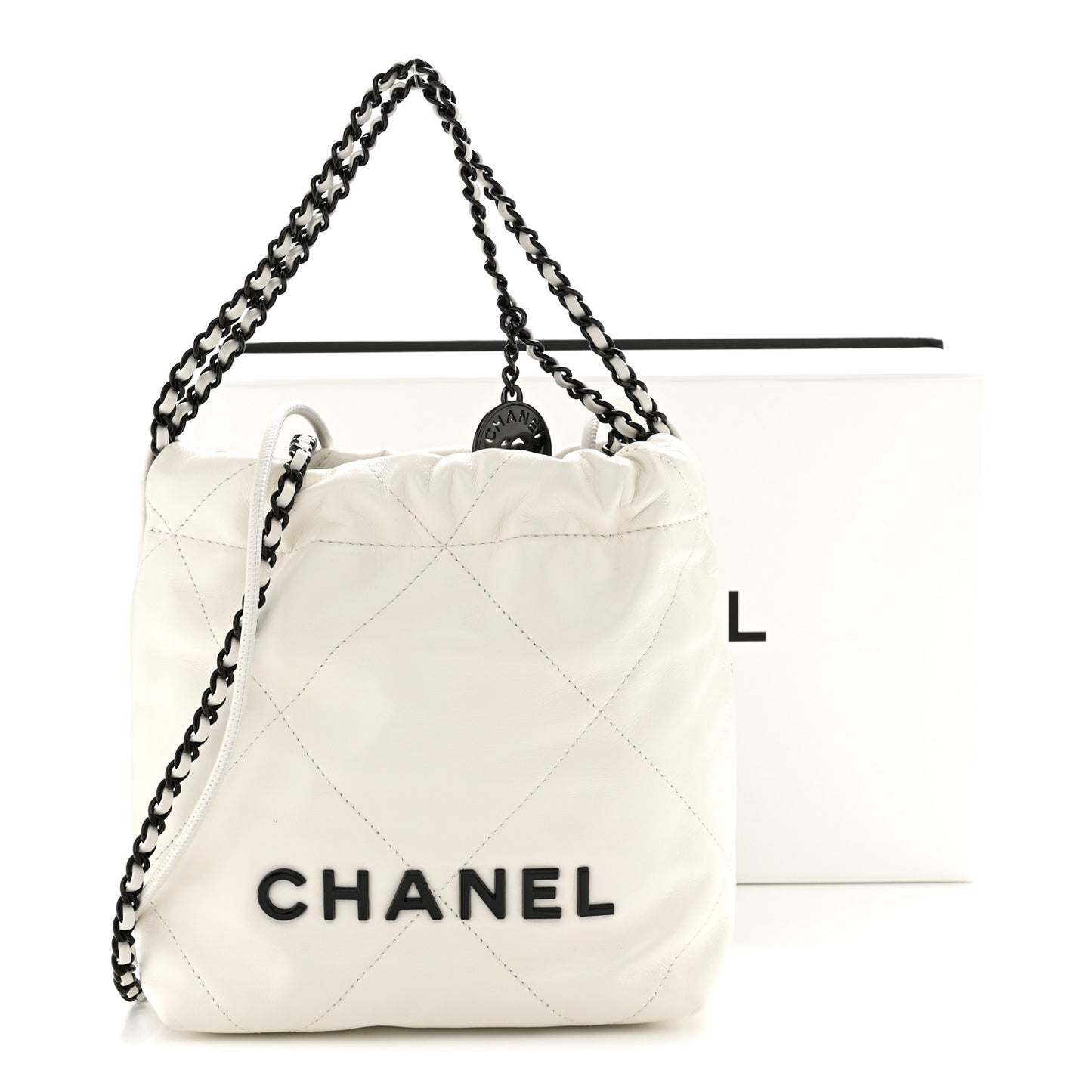 Shiny Calfskin Quilted Mini Chanel 22 White Black