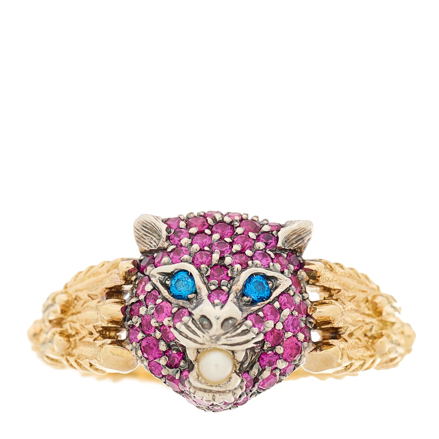 18K Yellow Gold Sterling Silver Pink Sapphire Blue Topaz Pearl Le Marche Des Merveilles Feline Ring 54 6.75