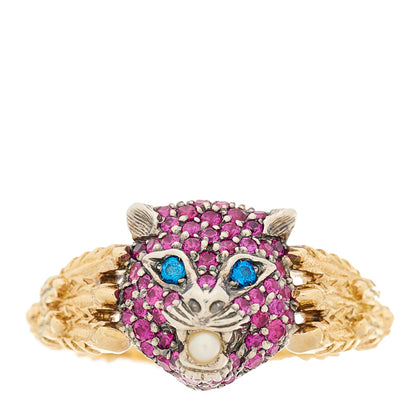 Gucci 18K Yellow Gold Sterling Silver Pink Sapphire Blue Topaz Pearl Le Marche Des Merveilles Feline Ring 54 6.75 1 of 7