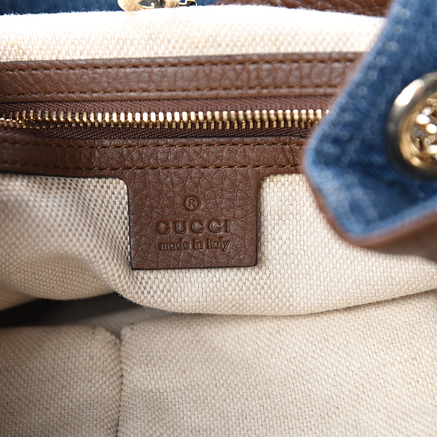 Denim Pebbled Calfskin Medium Soho Chain Shoulder Bag Blue Brown