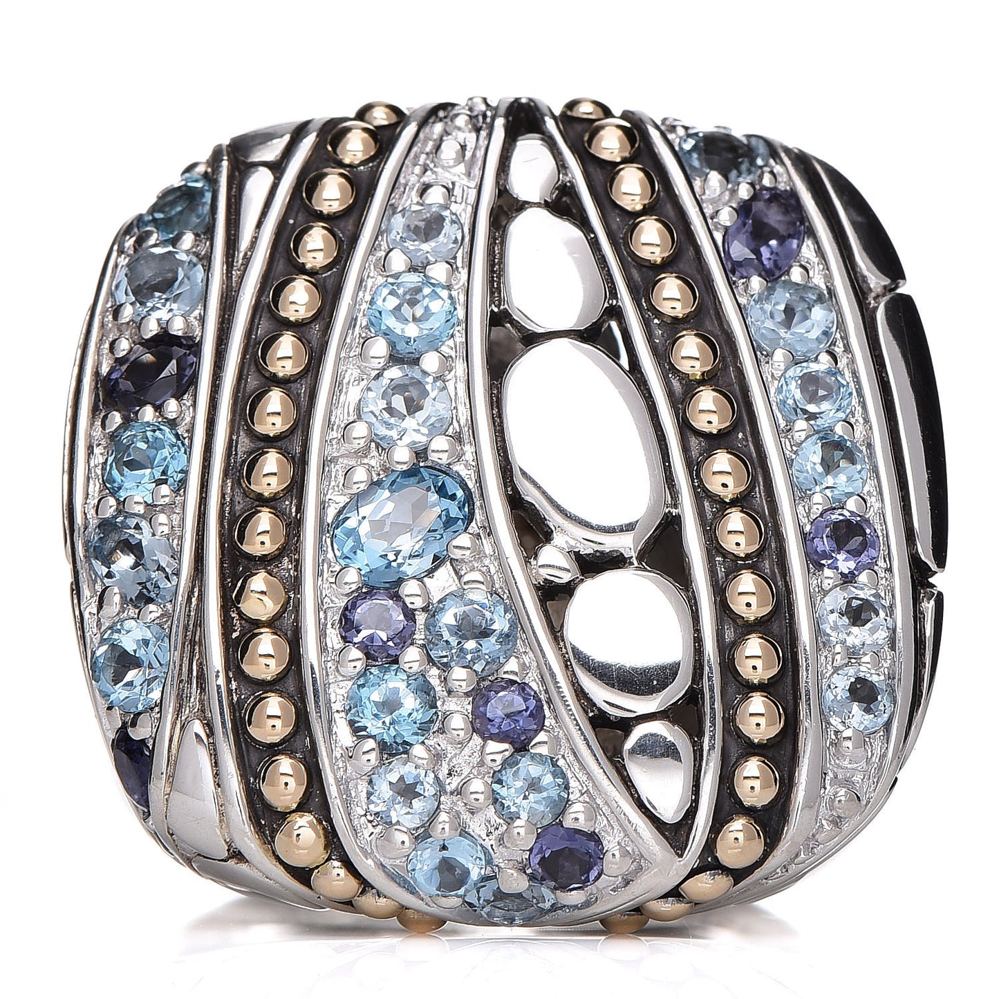 Sterling Silver 18K Yellow Gold Blue Topaz Iolite Aquamarine Kali Lavafire Ring 54 7