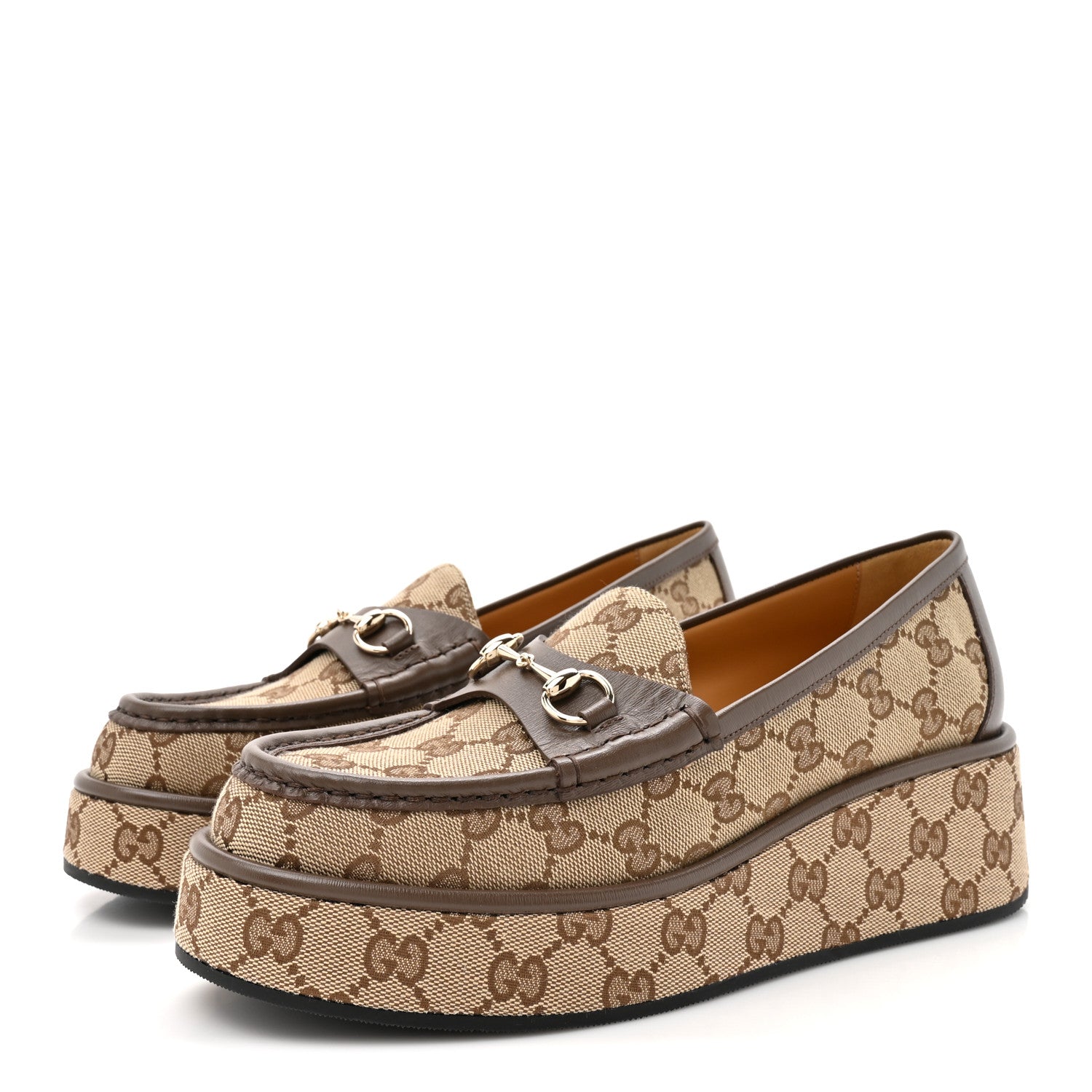 Gucci Monogram Horsebit Calfskin Womens Horsebit Wedge Platform Loafers 38 Beige Ebony 4 of 10