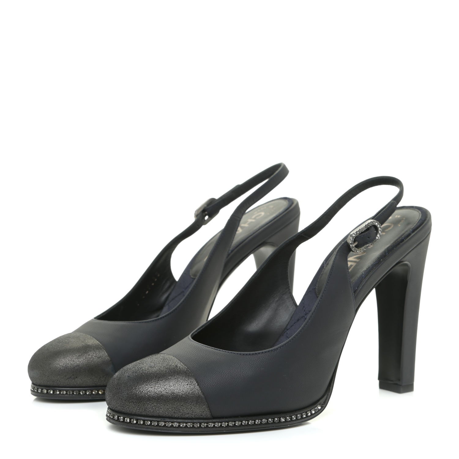 Chanel Crystal Cap Toe Slingback Pumps 38.5 Marine Gris Fonce 3 of 17
