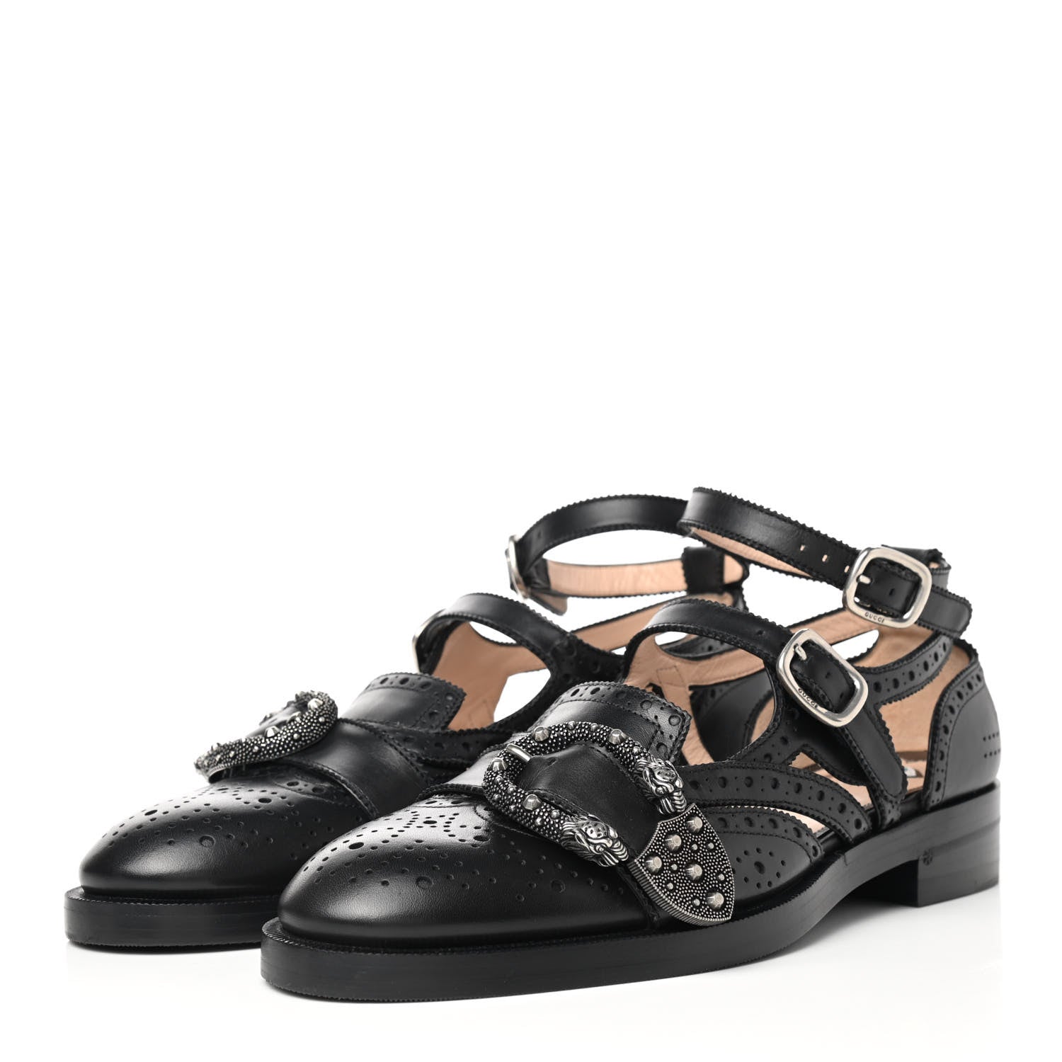 Gucci Calfskin Bee Embroidered Womens Queercore Brogue Wingtip Monk Strap Loafers 38.5 Black 3 of 8