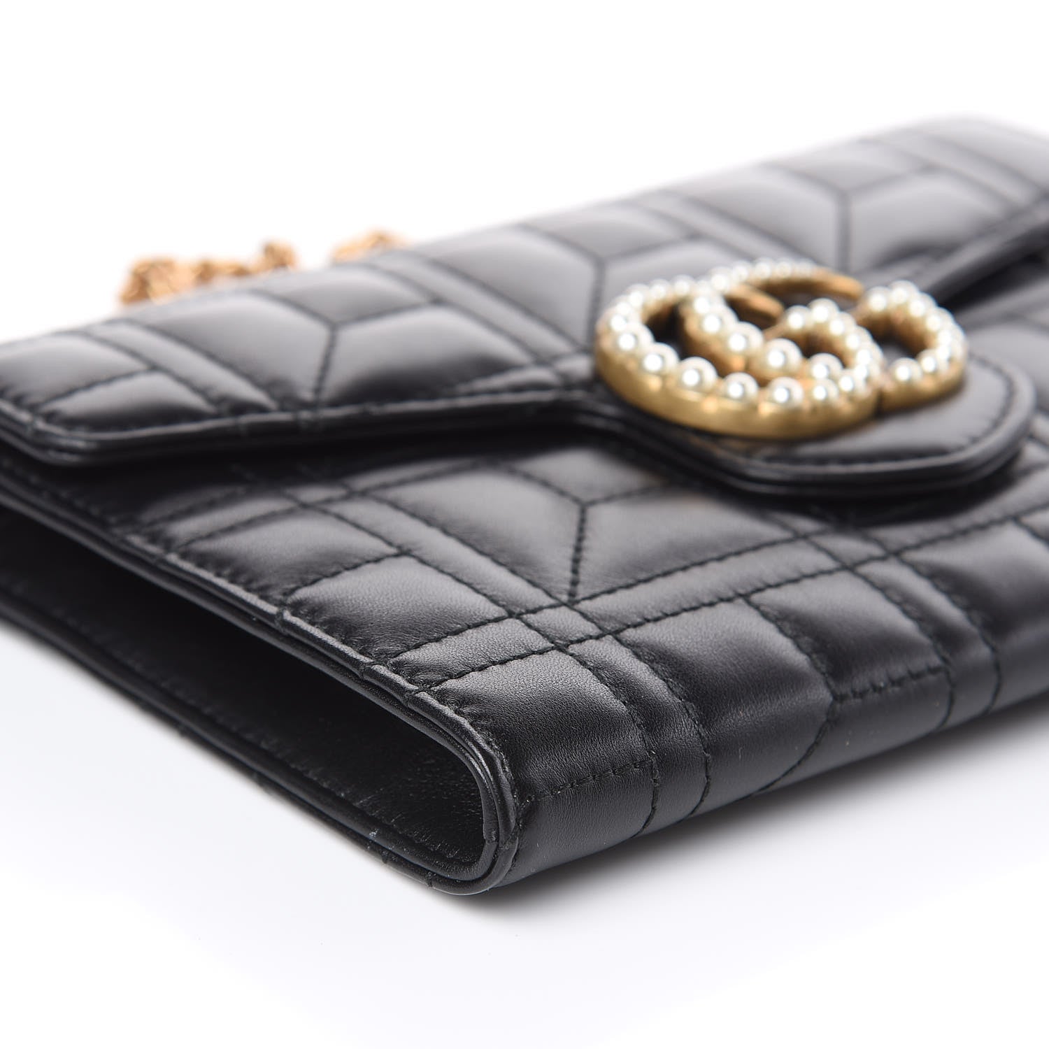 Gucci Calfskin Matelasse Mini Pearly GG Marmont Chain Wallet Black 8 of 12