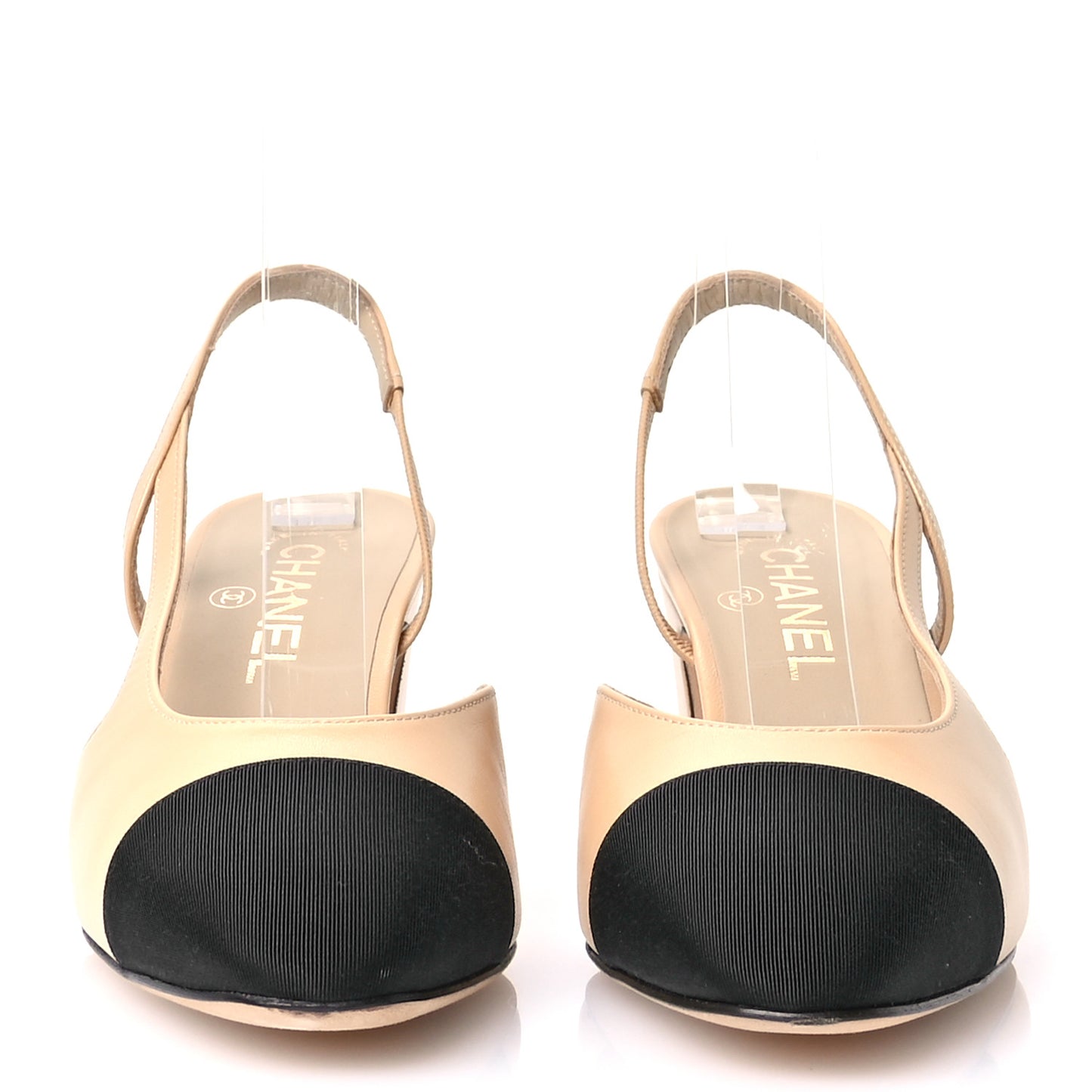 Goatskin Grosgrain Cap Toe CC Slingback Pumps 38.5 Beige Black