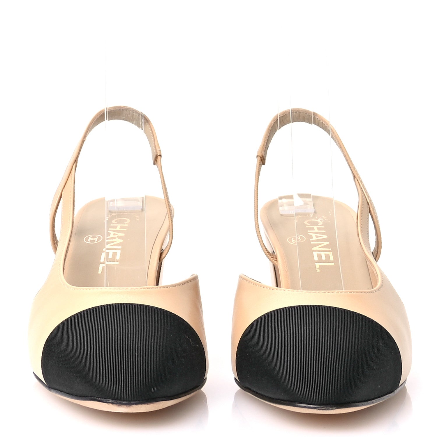 Chanel Goatskin Grosgrain Cap Toe CC Slingback Pumps 38.5 Beige Black 3 of 9