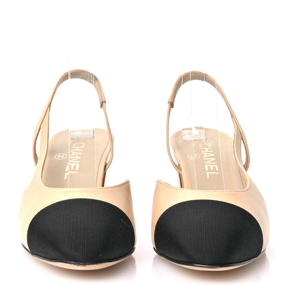 Chanel Goatskin Grosgrain Cap Toe CC Slingback Pumps 38.5 Beige Black 3 of 9