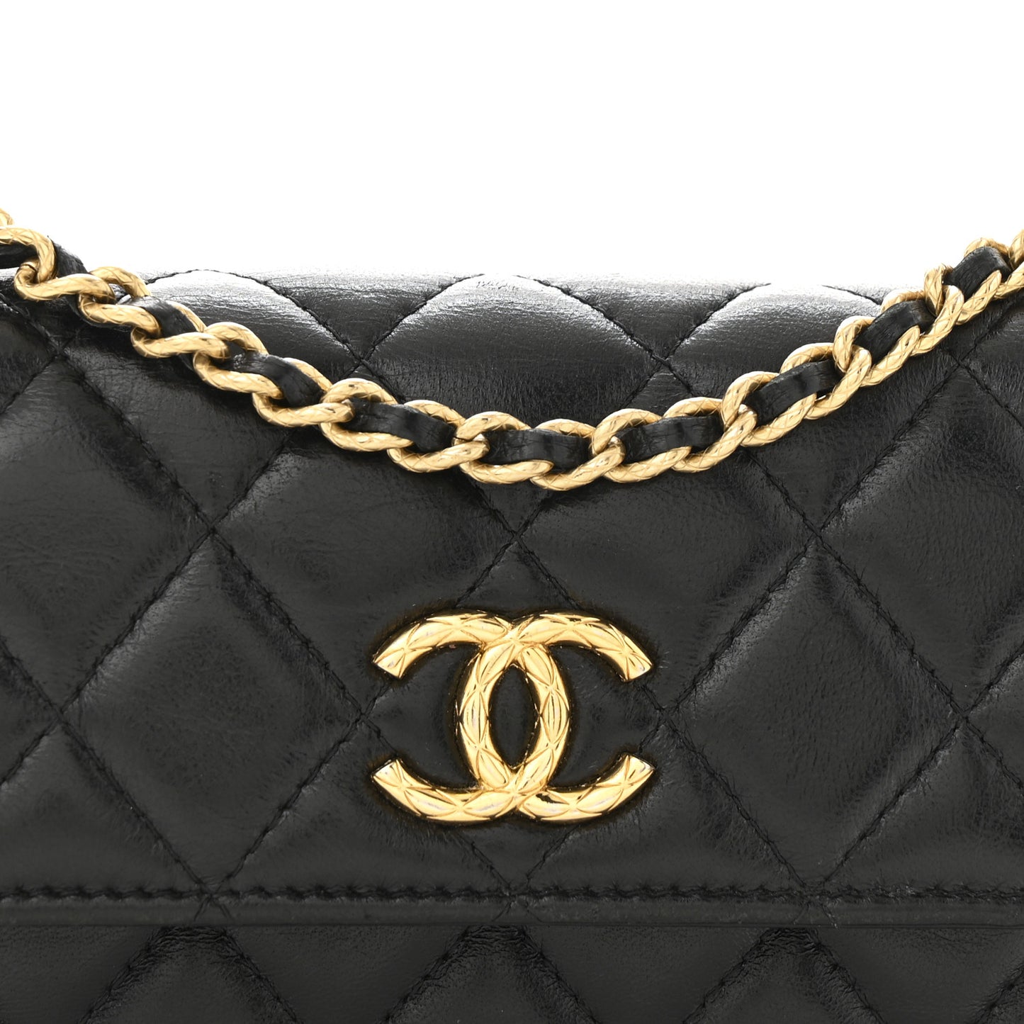 Lambskin Quilted Dynasty Flap Phone Holder With Chain Black