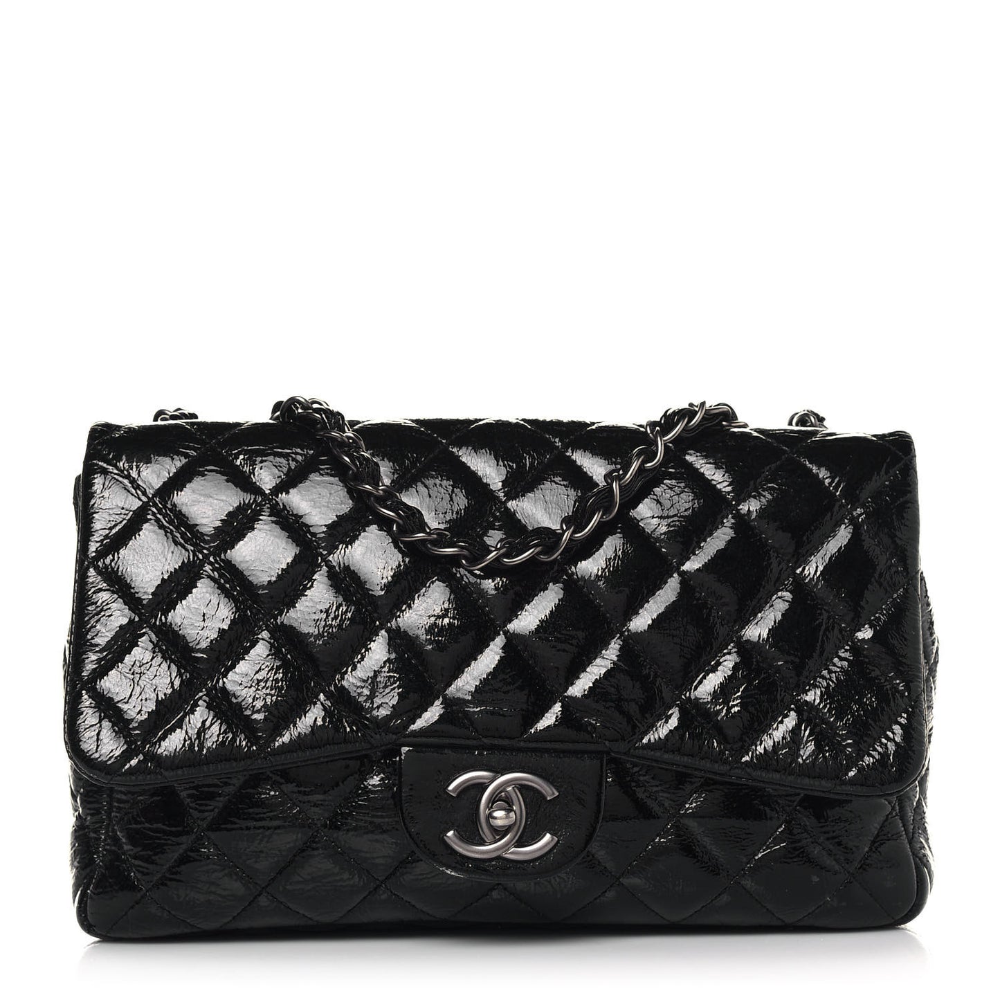 Crinkled Patent Quilted Jumbo Single Flap Black