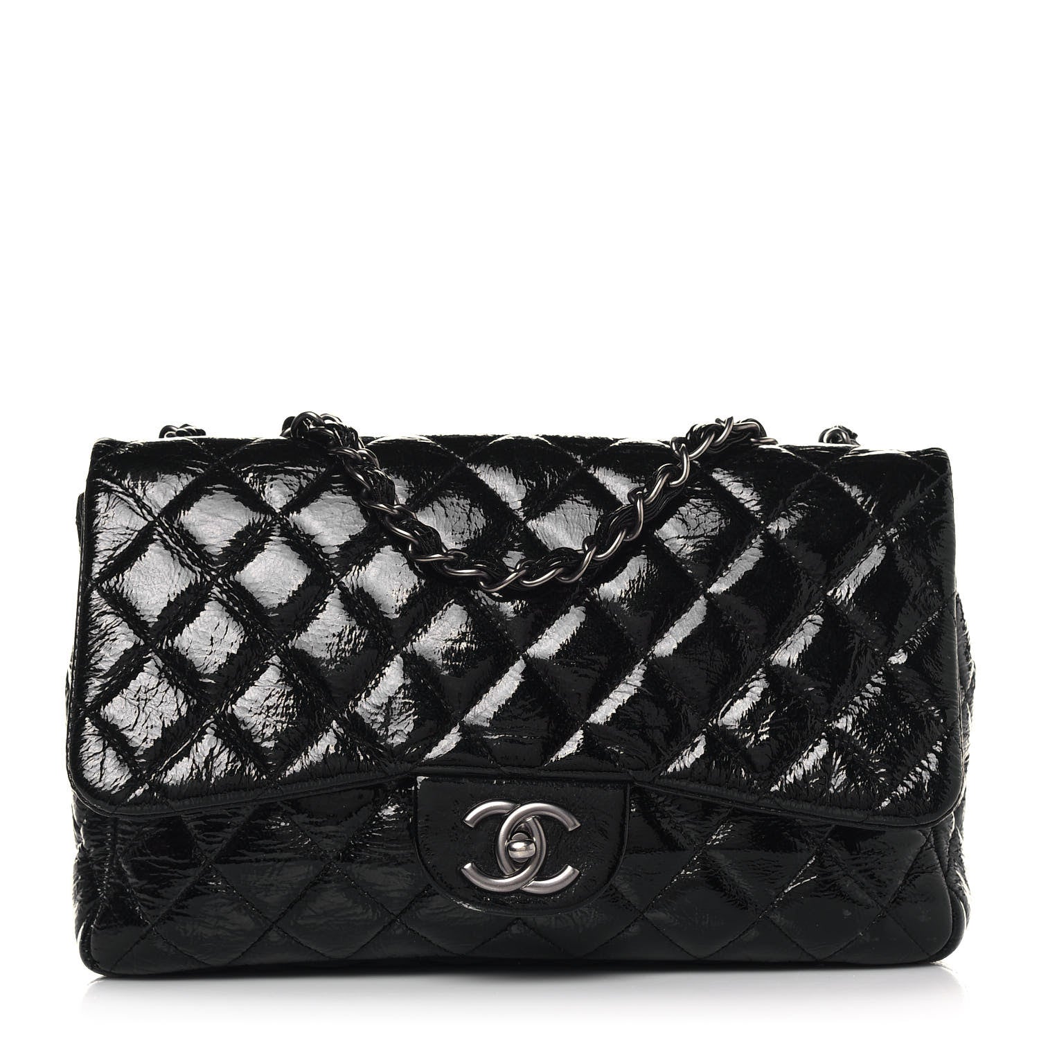 Chanel Crinkled Patent Quilted Jumbo Single Flap Black 1 of 13