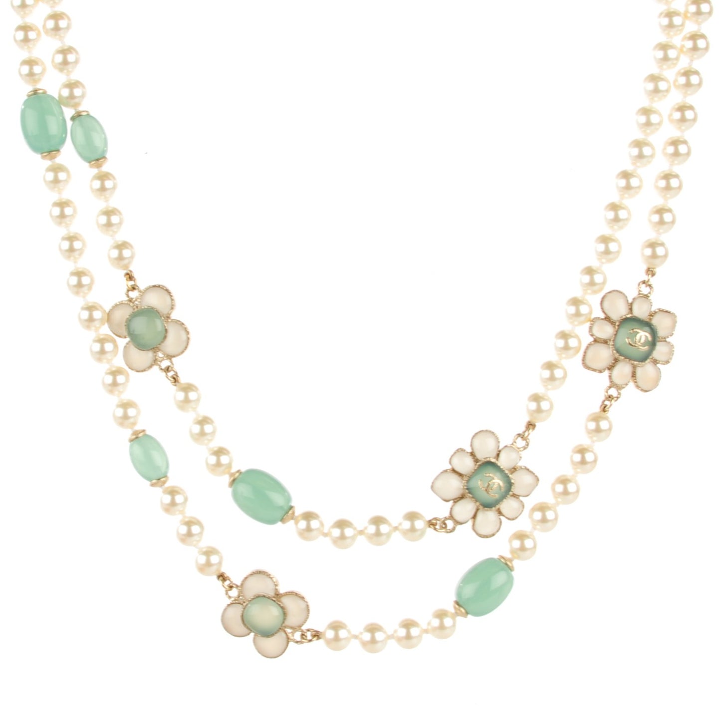 Pearl Gripoix Poured Glass Long Necklace Gold Green White
