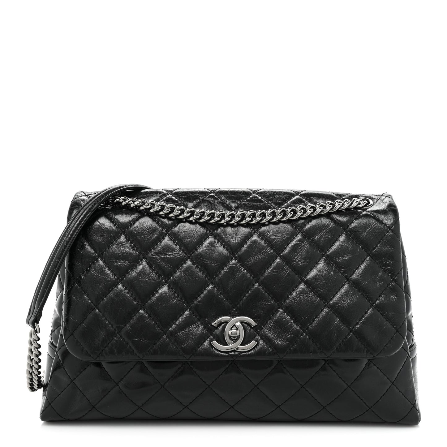 Glazed Calfskin Quilted Large Lady Pearly Flap Black