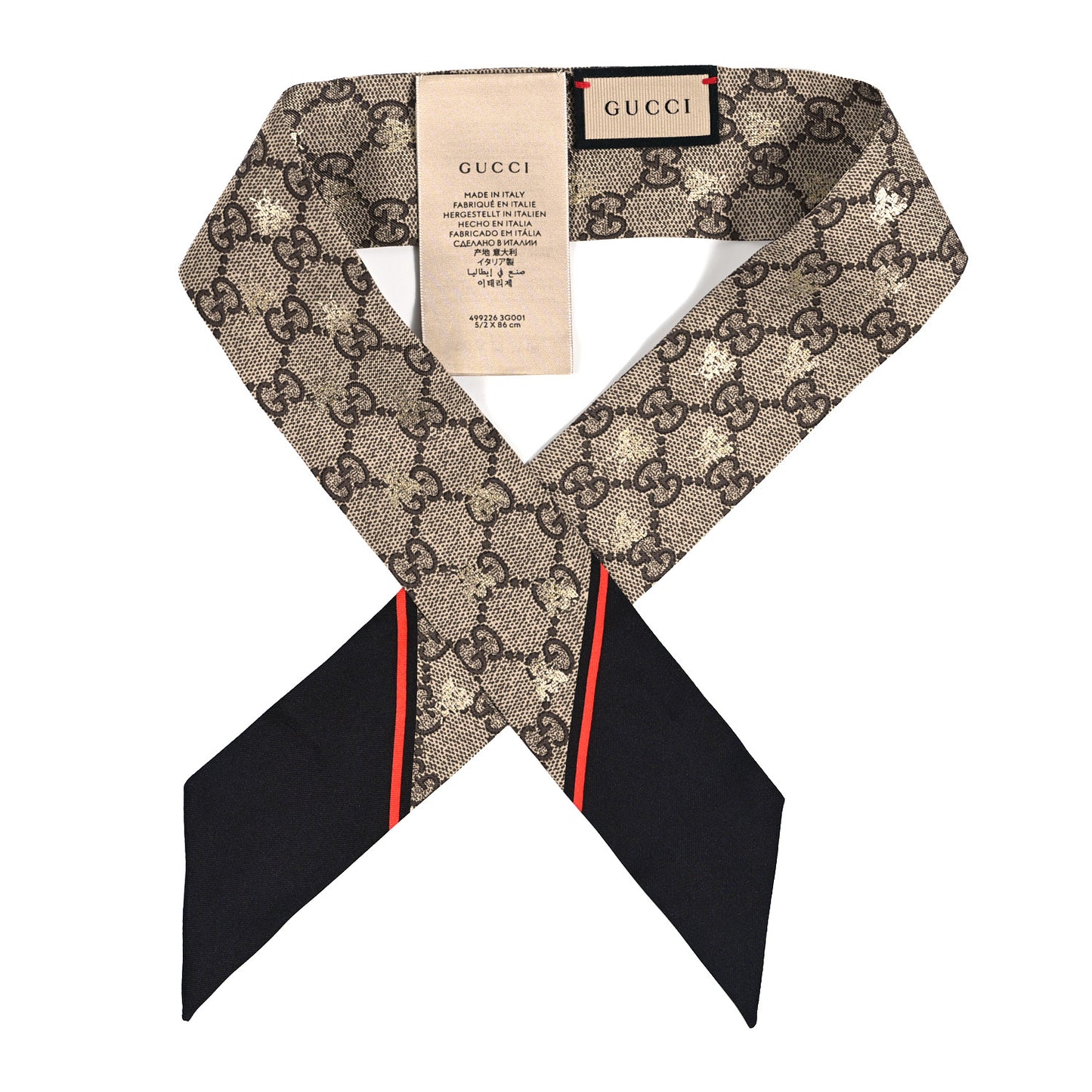 Silk Twill GG Monogram GG Bee Neck Bow Scarf Black Red