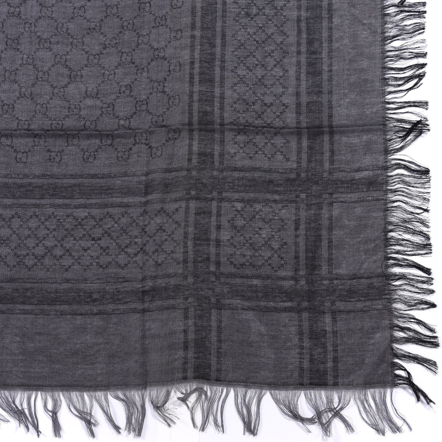 Gucci Wool Silk GG Monogram Diamante Plaid Surviee Shawl Graphite Black 3 of 8