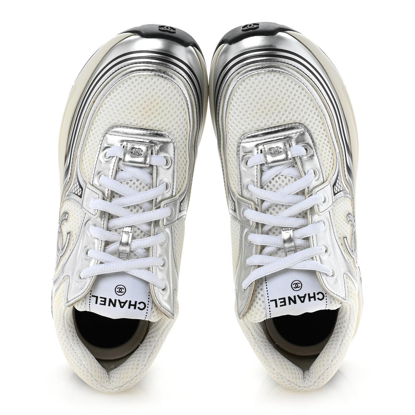 Fabric Laminated Calfskin Stretch CC Sneakers 38 White Silver