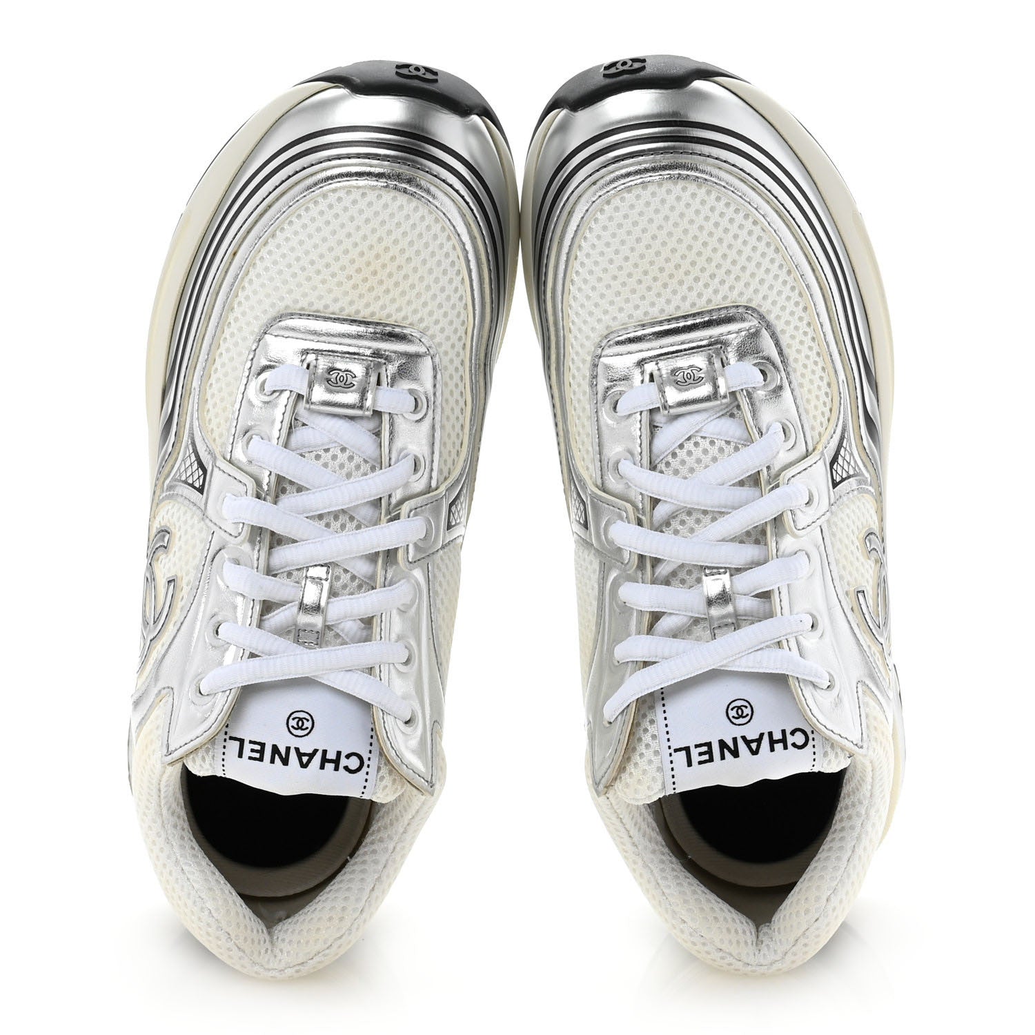 Chanel Fabric Laminated Calfskin Stretch CC Sneakers 38 White Silver 2 of 10