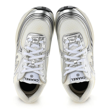 Chanel Fabric Laminated Calfskin Stretch CC Sneakers 38 White Silver 2 of 10