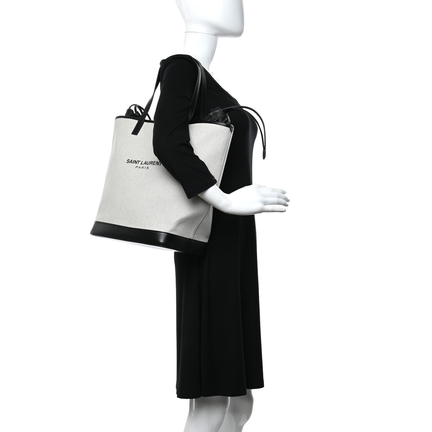 Canvas Calfskin Shopping Tote White Black