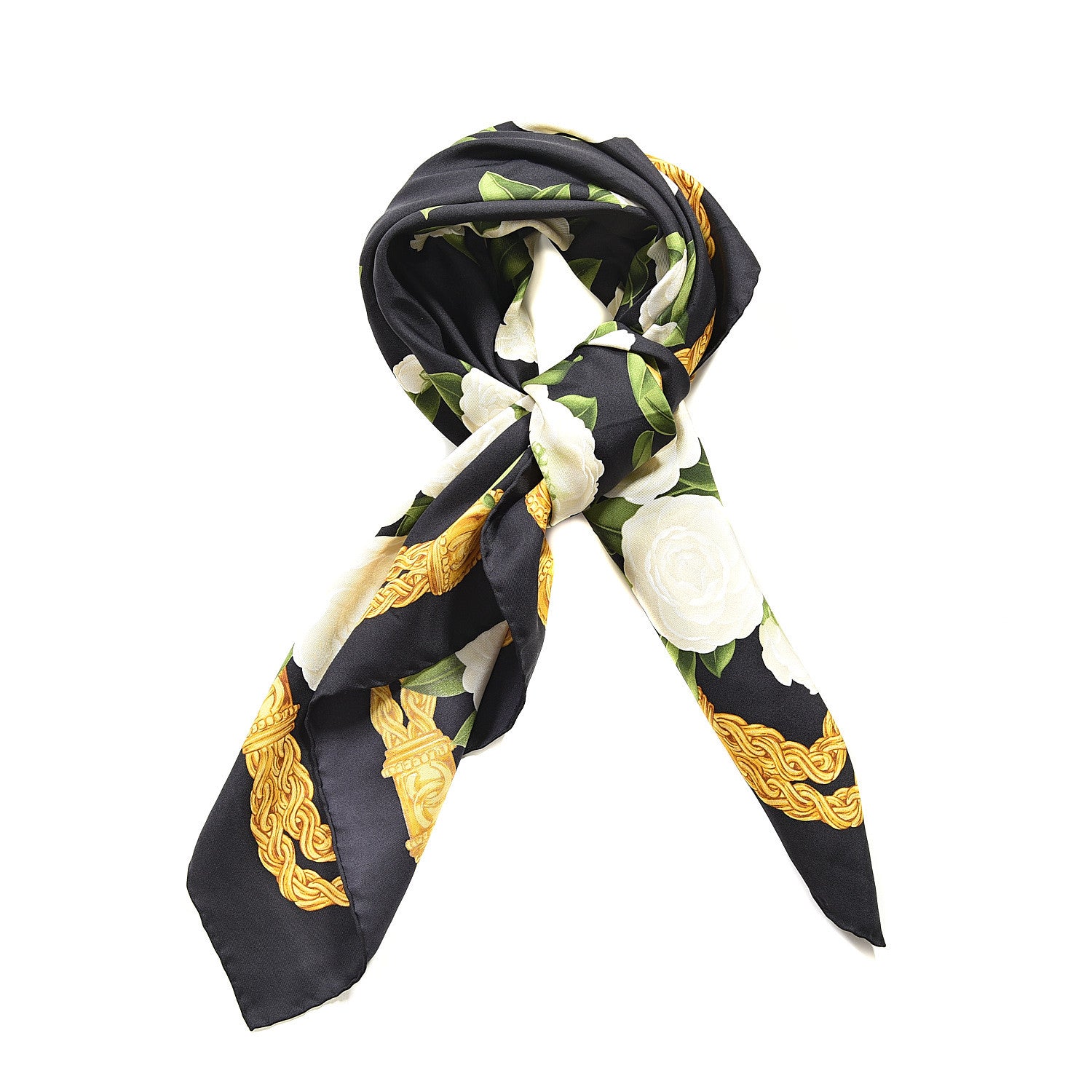 Chanel Silk CC Camellia Chain Scarf White Green Gold 2 of 4