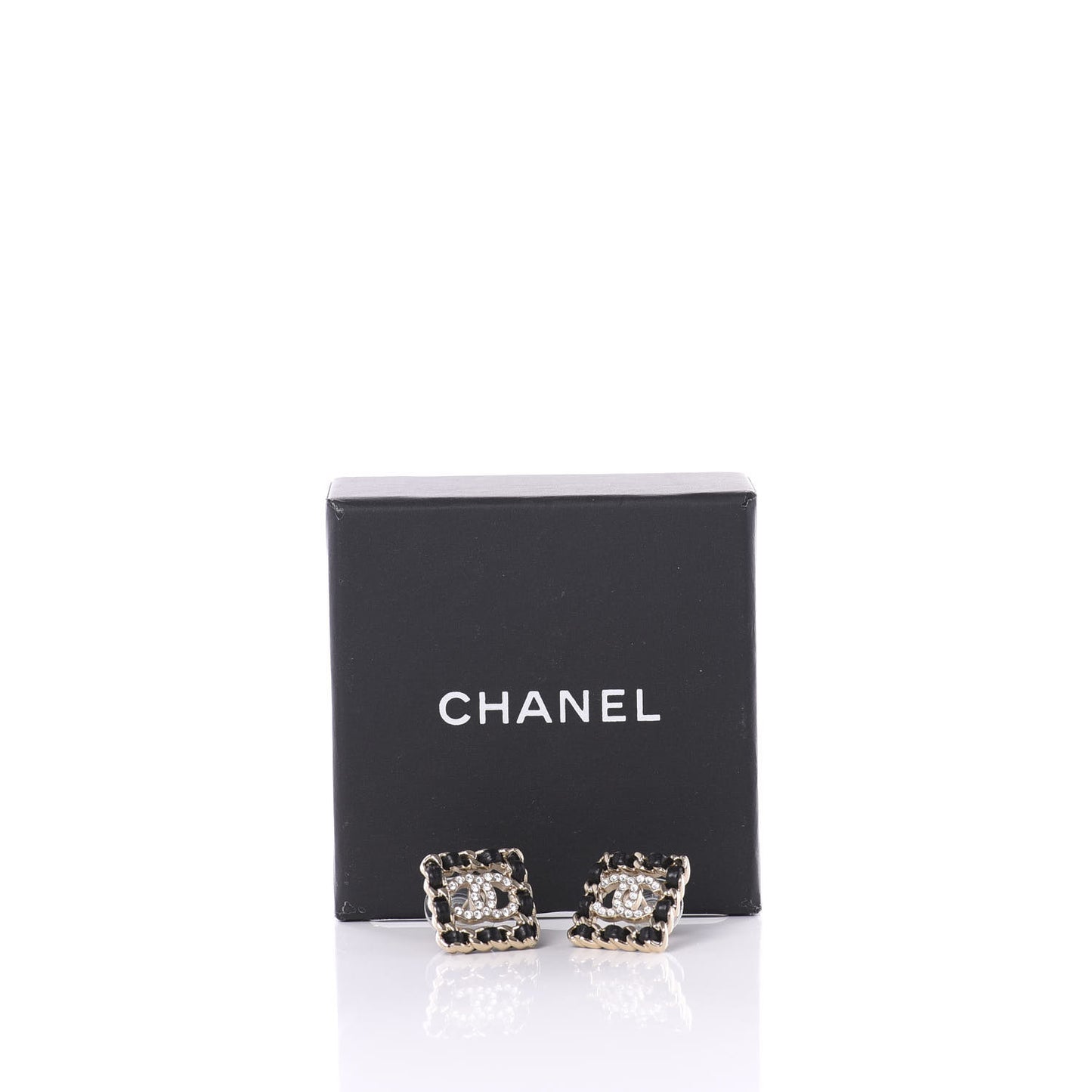 Crystal Lambskin Chain Sergeant Stud Earrings Black Gold