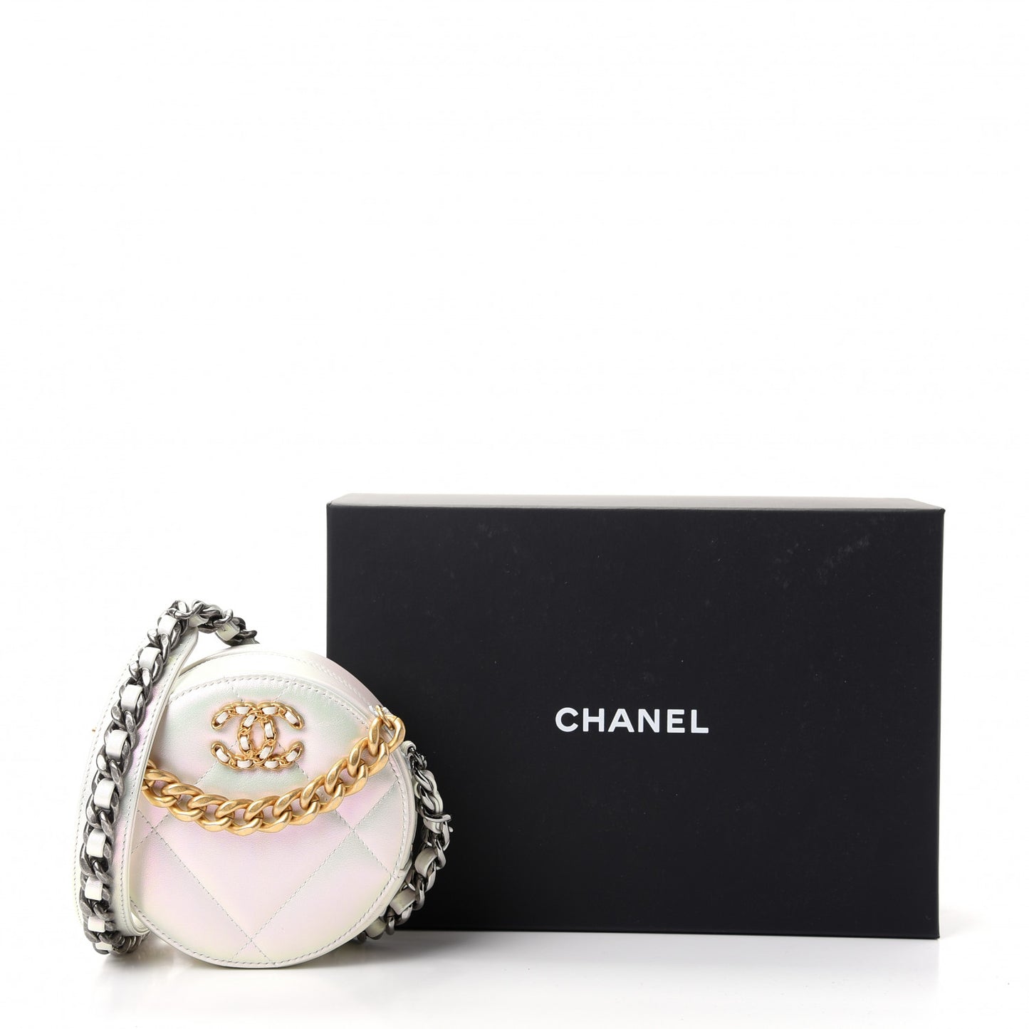 Iridescent Calfskin Quilted Chanel 19 Round Clutch With Chain White