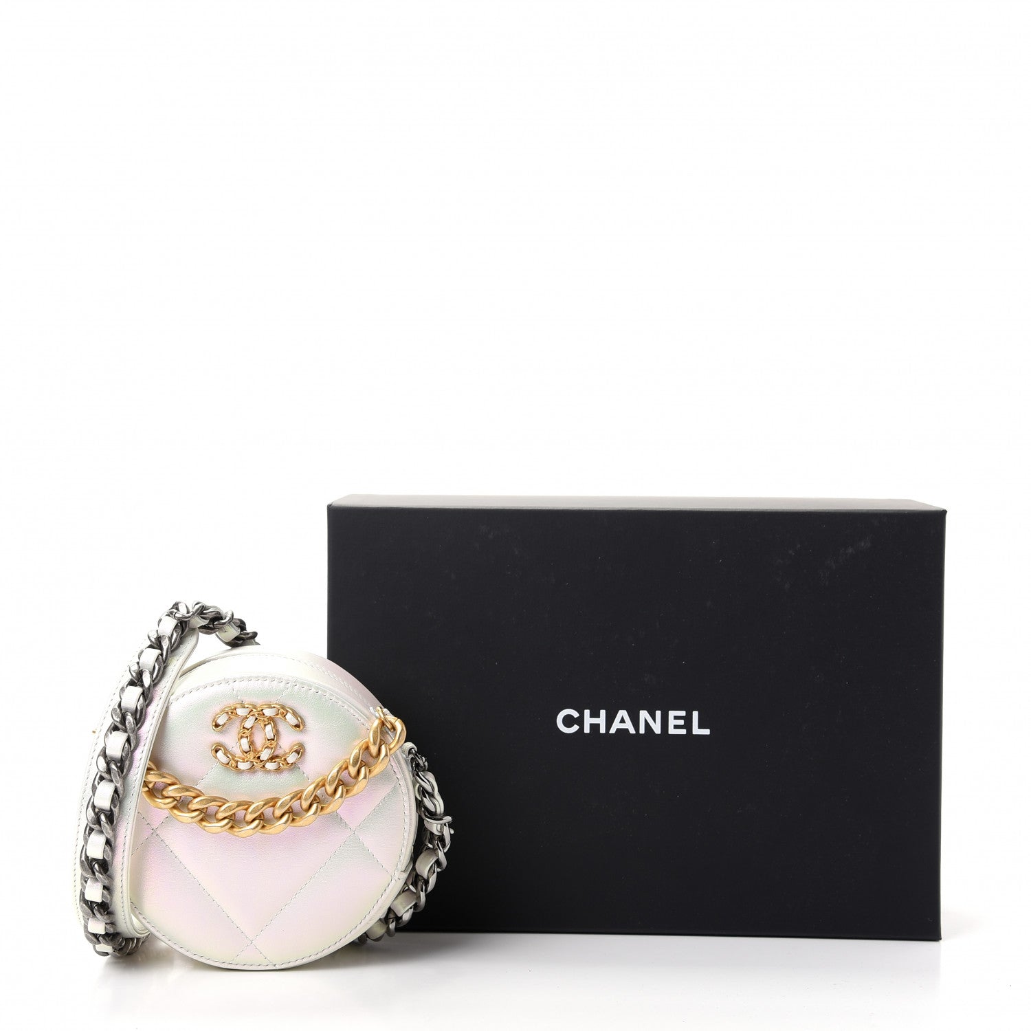 Chanel Iridescent Calfskin Quilted Chanel 19 Round Clutch With Chain White 10 of 10
