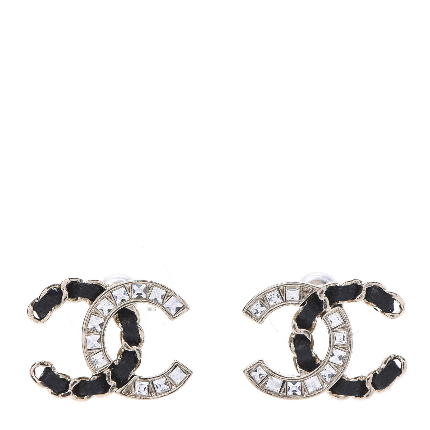 Crystal Baguette Lambskin Chain CC Vintage Allure Stud Earrings Black Gold