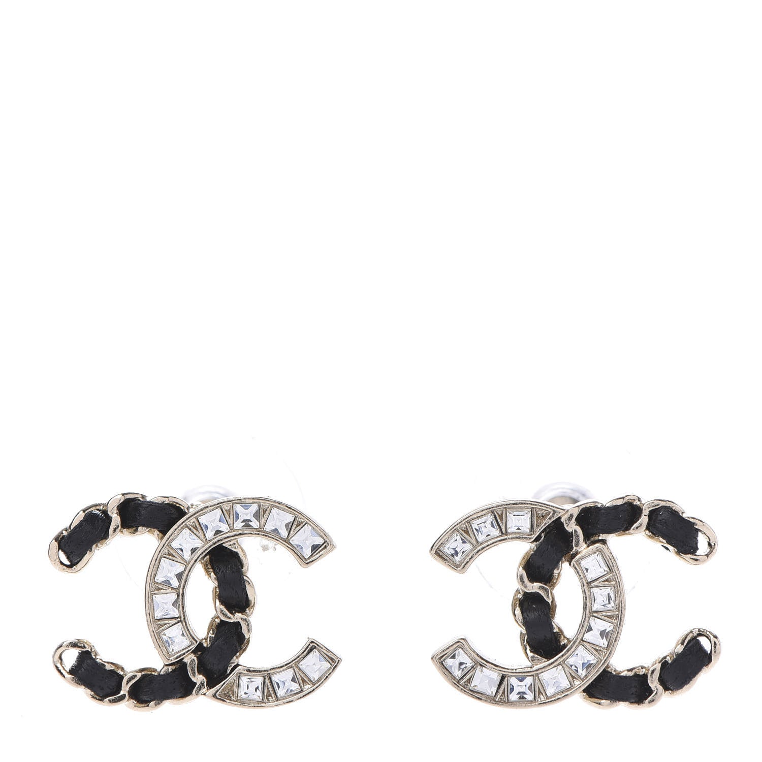 Chanel Crystal Baguette Lambskin Chain CC Vintage Allure Stud Earrings Black Gold 2 of 10