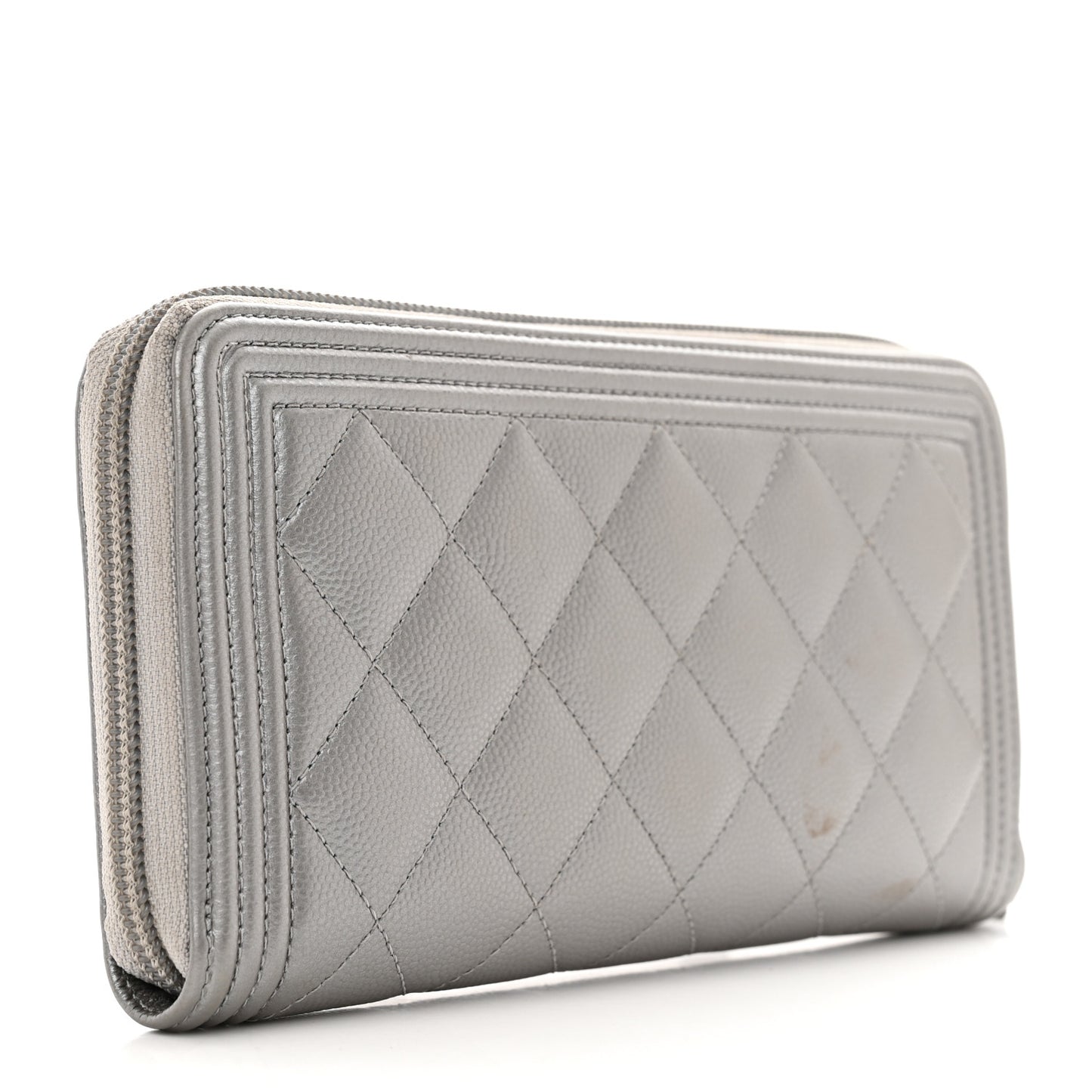 Metallic Caviar Quilted Boy Zip Around Wallet Silver