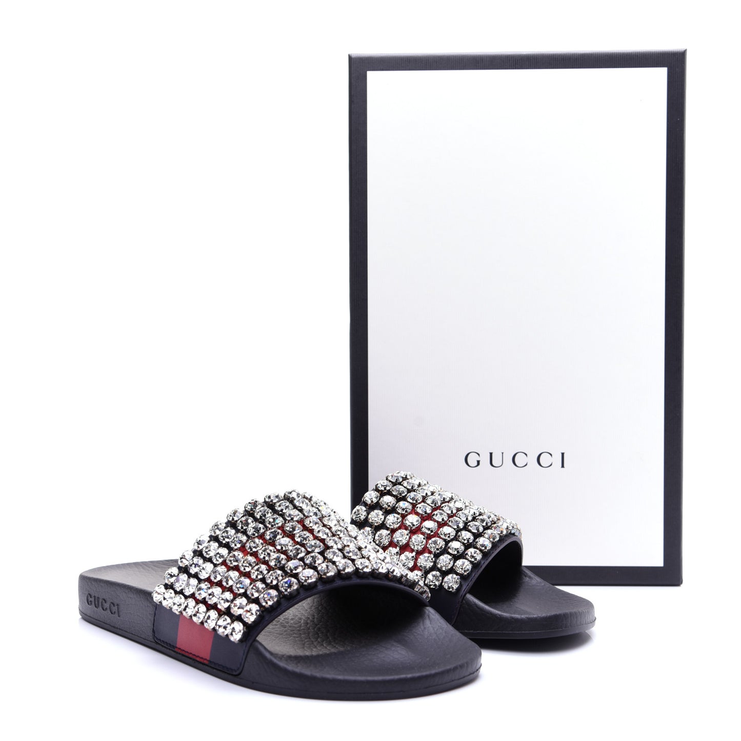 Calfskin Crystal Embellished Web Slide Sandals 38 Blue Red