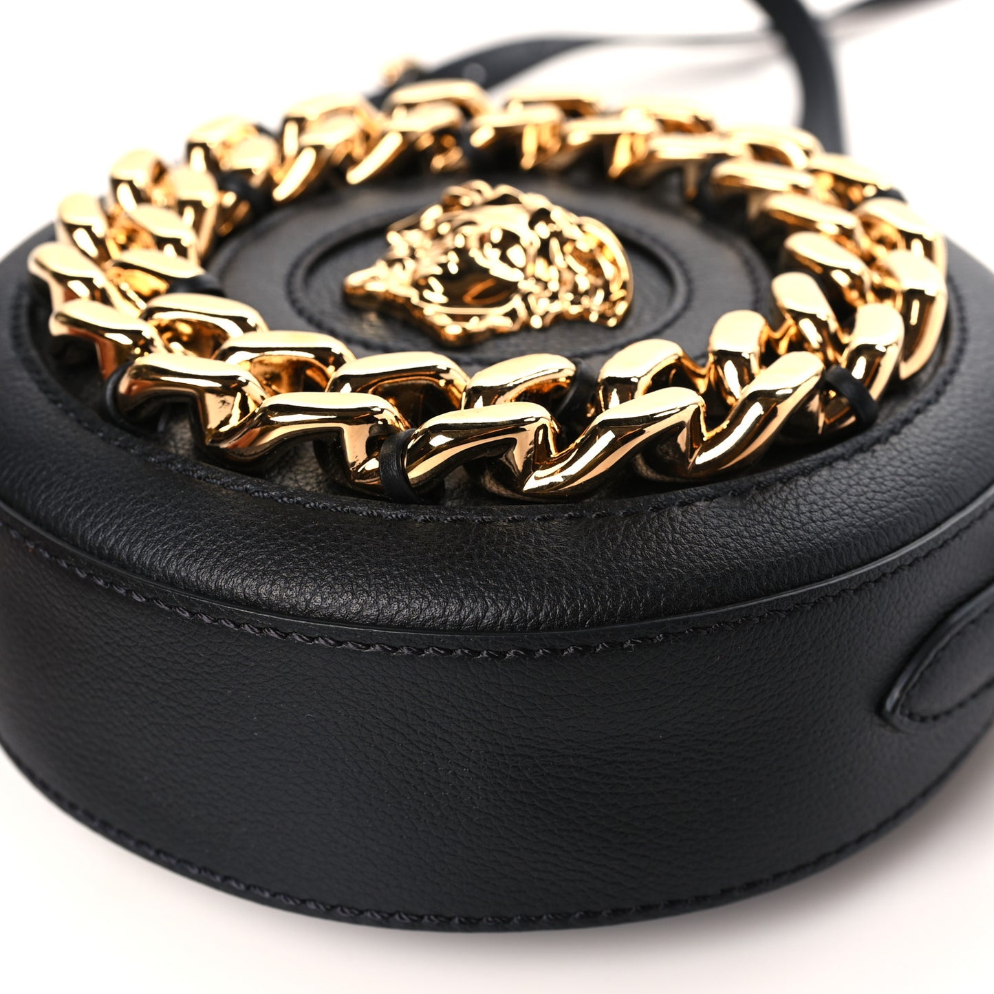 Grained Calfskin Mini La Medusa Disco Round Crossbody Bag Black