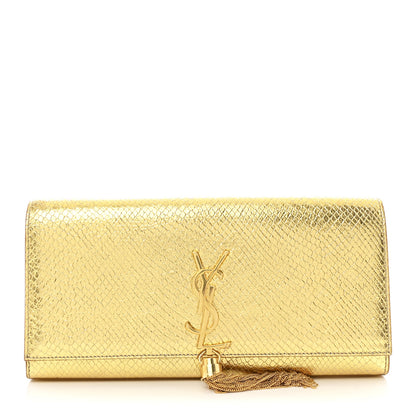 Saint Laurent Metallic Calfskin Snakeskin Embossed Classic Monogram Tassel Clutch Gold 1 of 7