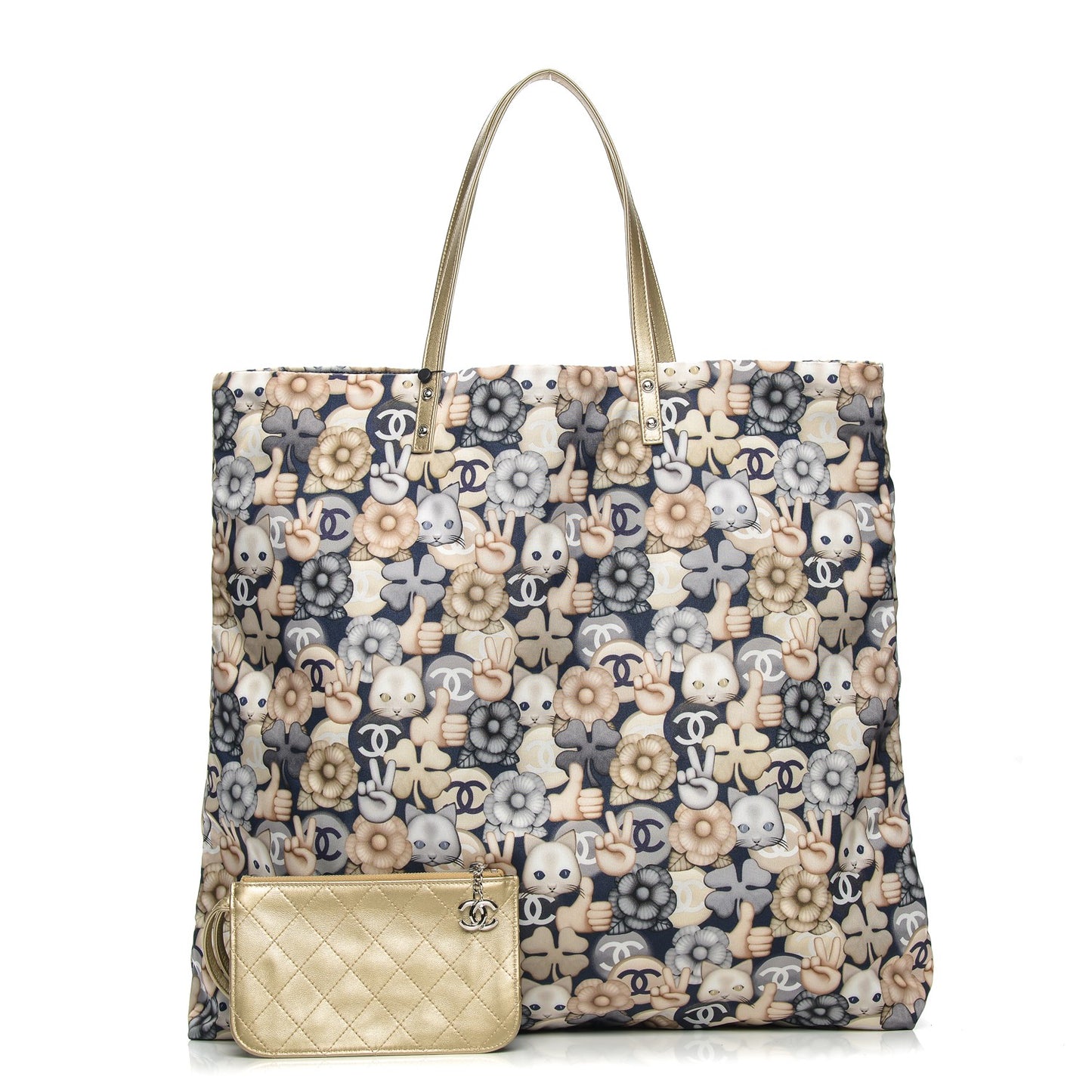 Nylon Cat Emoticon Tote Navy Gold