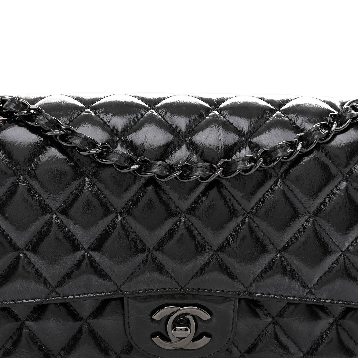 Shiny Crumpled Calfskin Quilted Medium Double Flap So Black