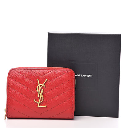 Saint Laurent Grain De Poudre Matelasse Chevron Monogram Compact Zip Around Wallet Red 8 of 8