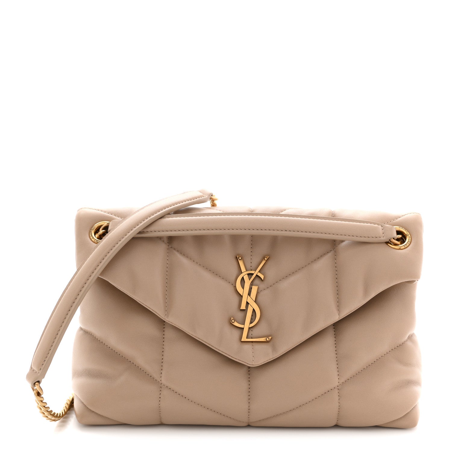 Saint Laurent Lambskin Quilted Small Loulou Puffer Monogram Chain Satchel Dark Beige 1 of 10