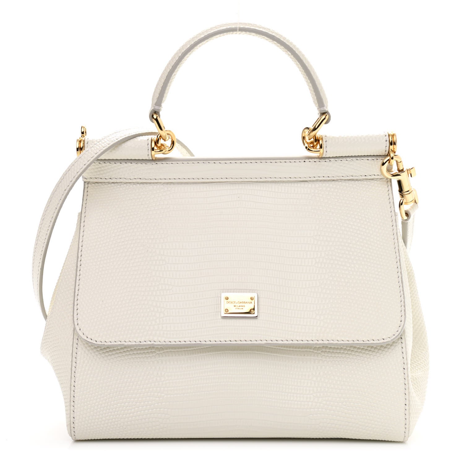 Dolce & Gabbana Lizard Calfskin Embossed Small Miss Sicily Satchel White 1 of 6