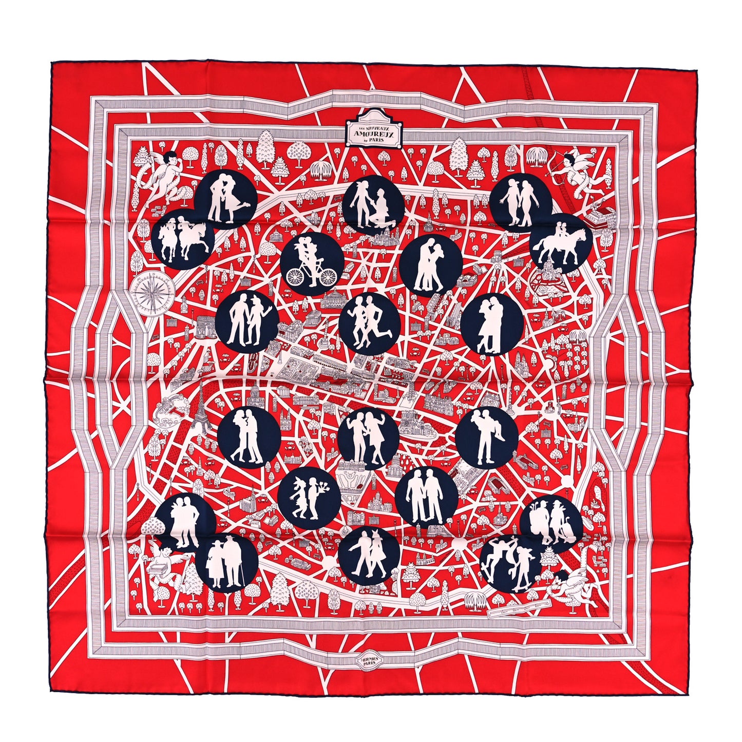Silk Les Nouveaux Amoureux de Paris Scarf 90 Rouge Vif Marine Blanc