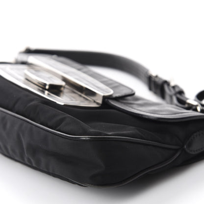 Prada Tessuto Nylon Calfskin Crocodile Embossed Shoulder Bag Black 7 of 12