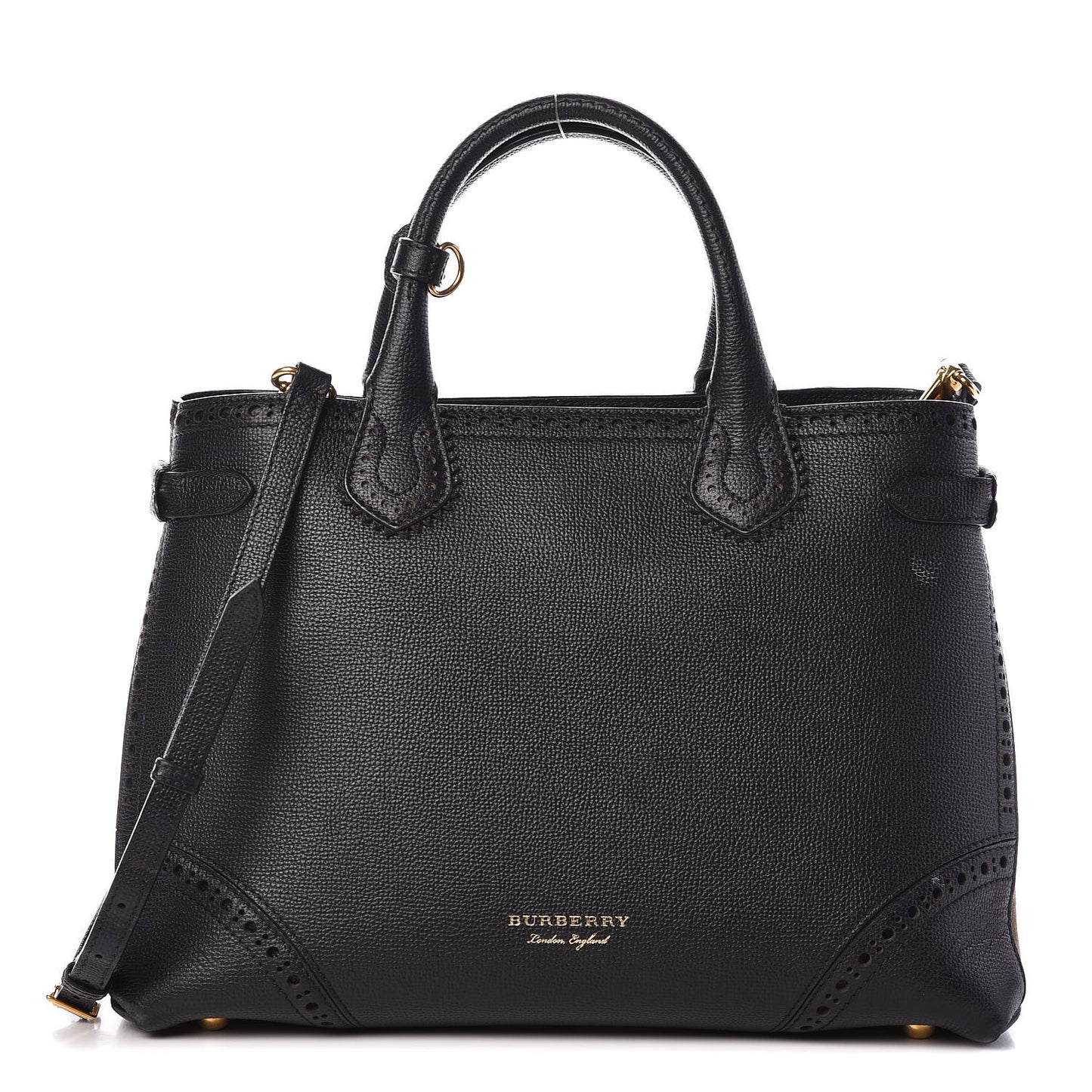 Grainy Calfskin Perforated House Check Medium Brogue Banner Tote Black