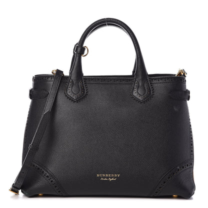 Burberry Grainy Calfskin Perforated House Check Medium Brogue Banner Tote Black 14 of 16