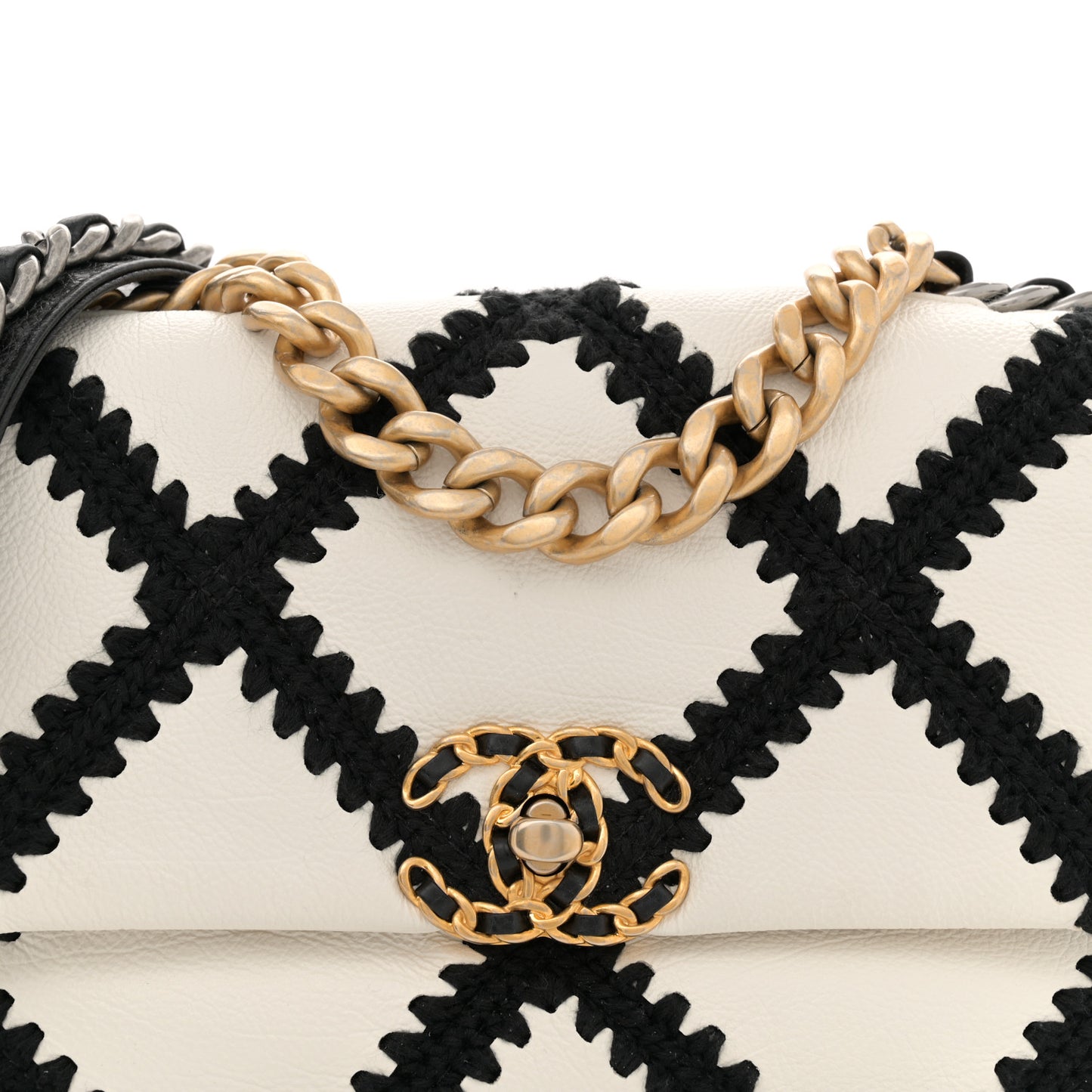 Calfskin Crochet Medium Chanel 19 Flap White Black