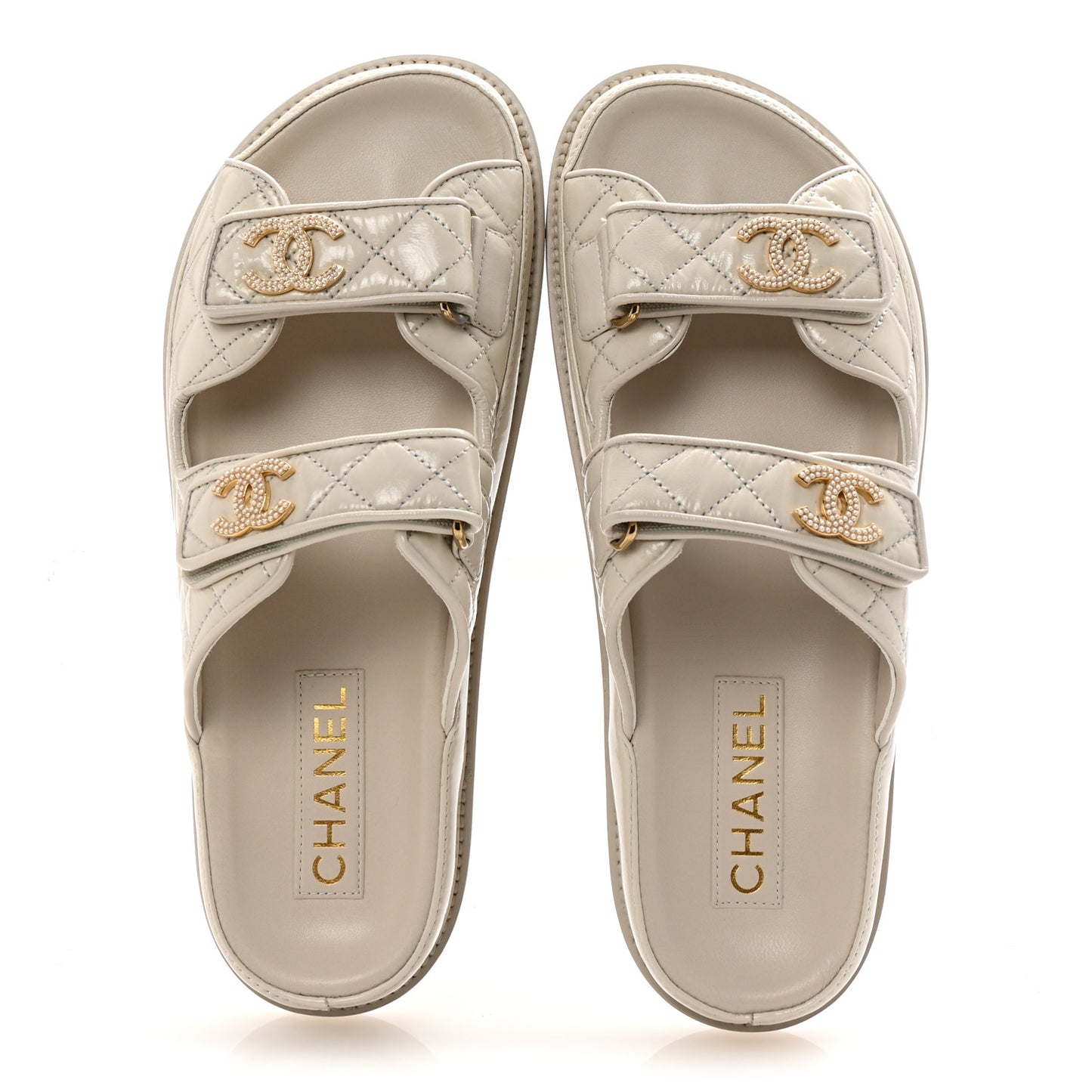 Shiny Calfskin Quilted Velcro Dad Pearl CC Slide Sandals 39.5 Light Beige