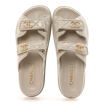 Chanel Shiny Calfskin Quilted Velcro Dad Pearl CC Slide Sandals 39.5 Light Beige 2 of 10