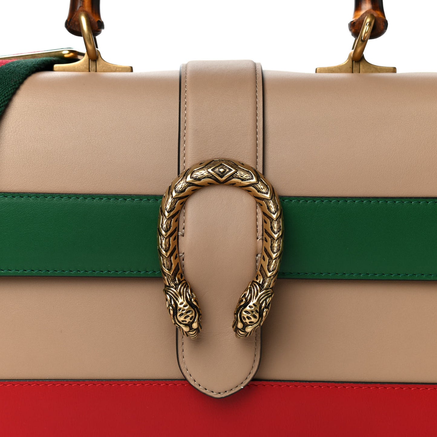 Calfskin Bamboo Web Medium Dionysus Top Handle Bag Camelia Bright Evergreen Hibiscus Red