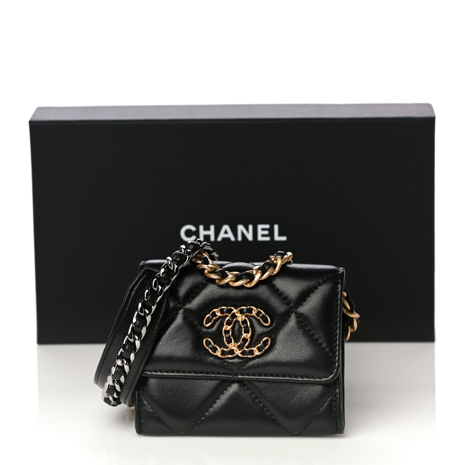 Chanel Shiny Goatskin Quilted 19 Flap Coin Purse With Chain Black 14 of 14