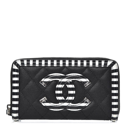 Chanel Caviar Quilted Stripe Filigree Zip Wallet Black White 1 of 10