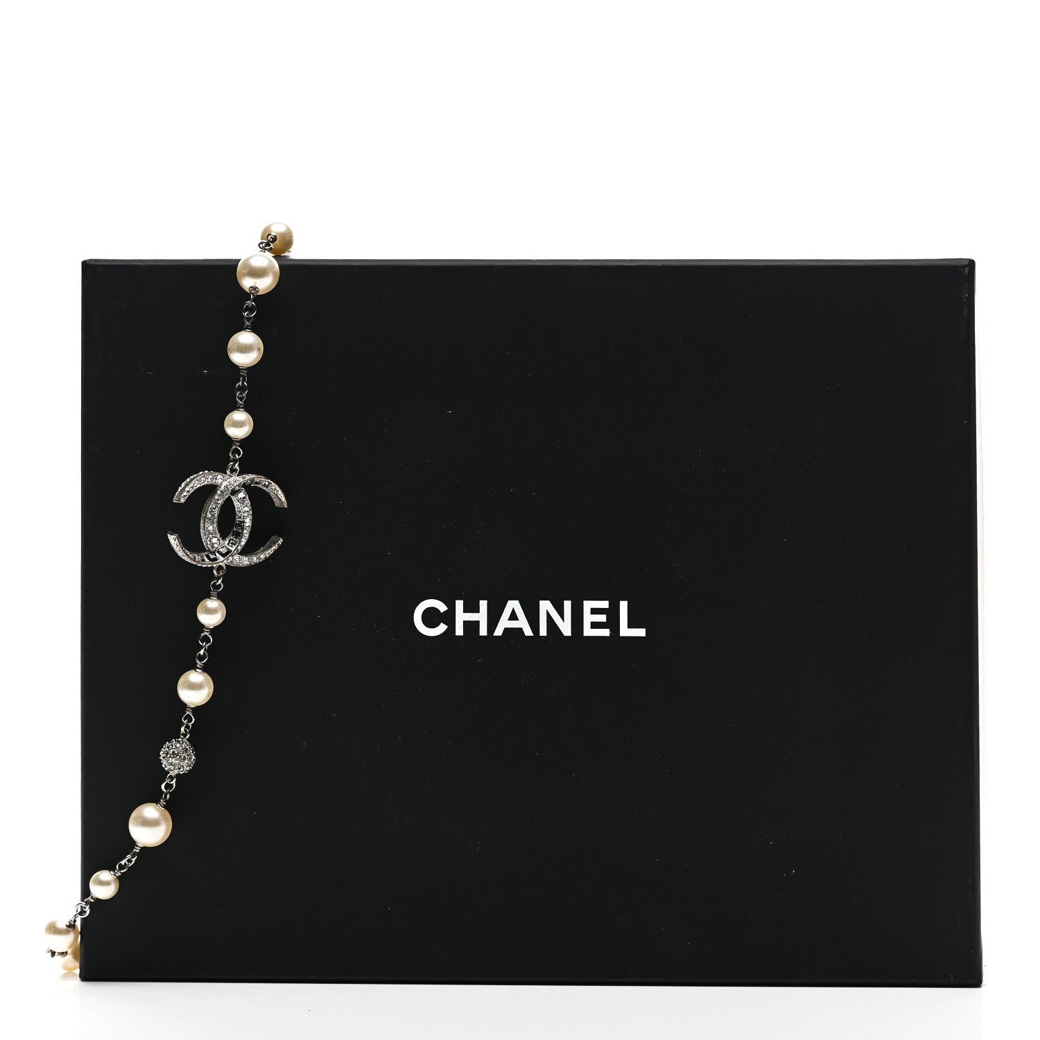 Chanel Pearl Crystal CC Beaded Ball Long Necklace Silver White 7 of 7