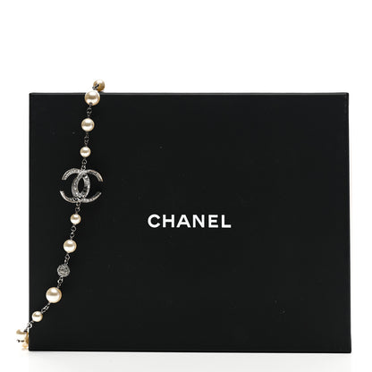 Chanel Pearl Crystal CC Beaded Ball Long Necklace Silver White 7 of 7
